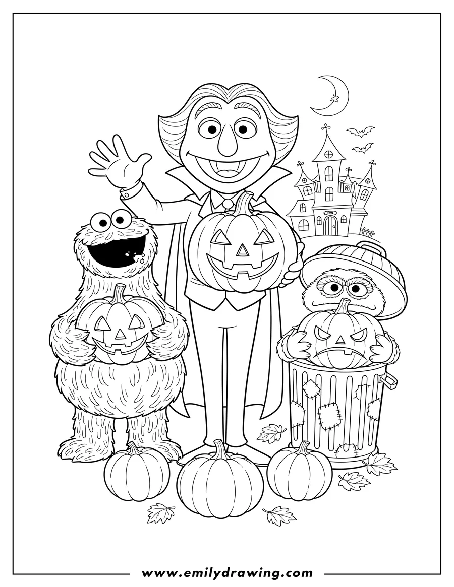 Free printable coloring sheet of halloween Sesame Street with Count von Count, Cookie Monster, and Oscar the Grouch holding Jack O Lanterns