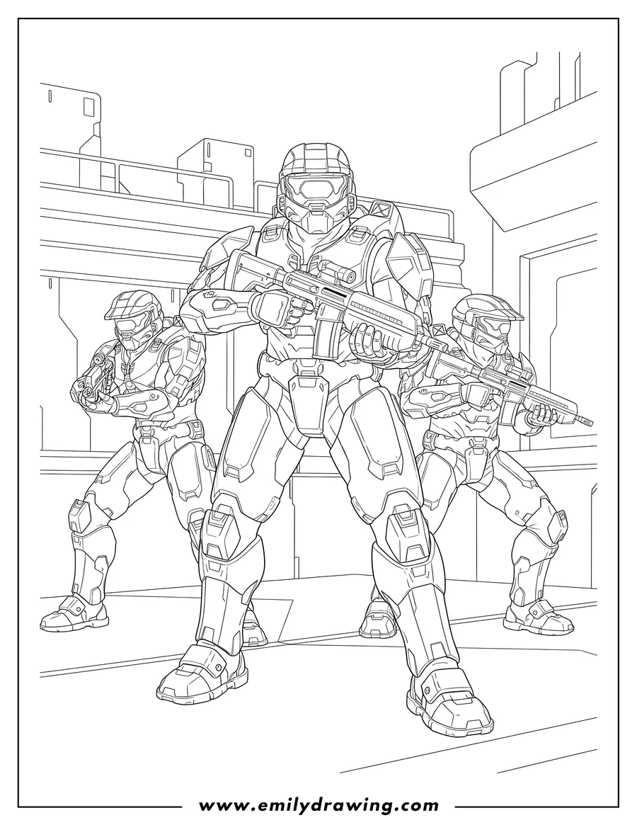 Vector style outline of halo Infinite Multiplayer Mode with multiple armed Spartans ready for action