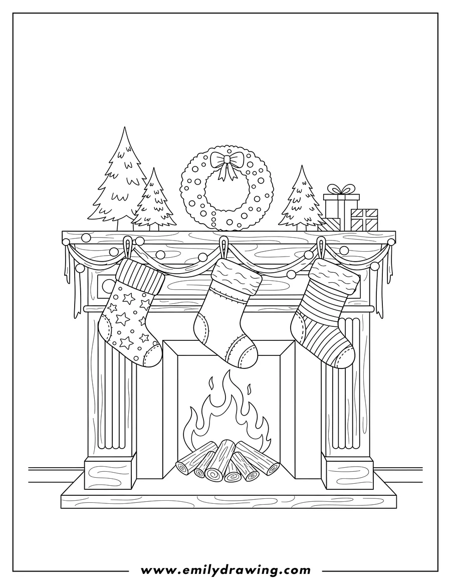 Coloring sheet featuring hanging Christmas Stockings Over Fireplace with a burning fire and Christmas decorations on the mantle