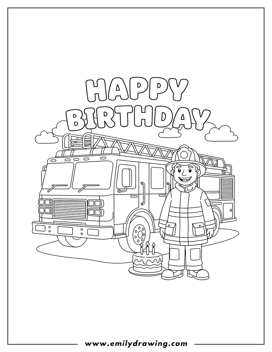 High quality printable happy Birthday Words Above Fire Truck, with a smiling firefighter standing next to it for coloring