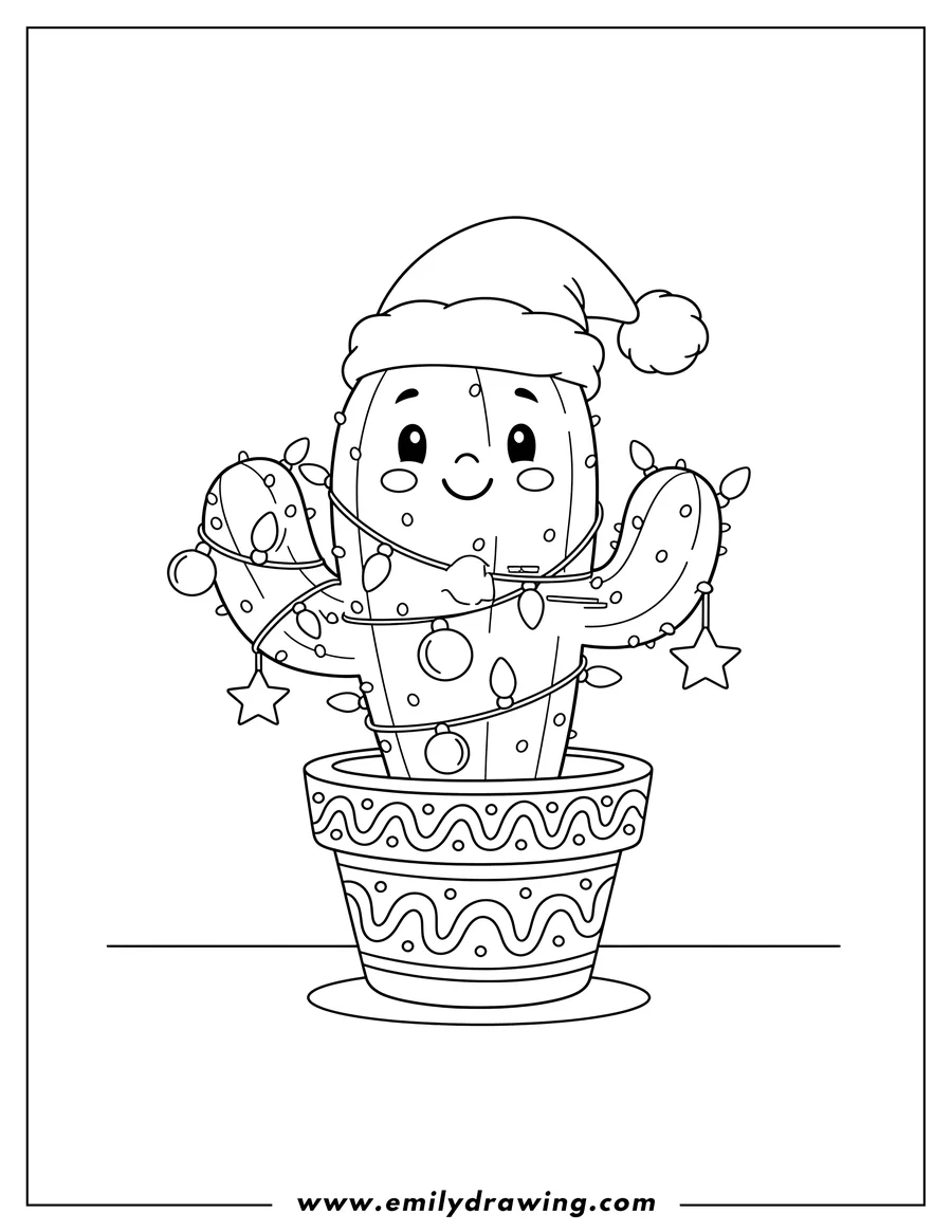 Printable line art of happy, smiling cartoon cactus wearing a Santa hat, wrapped in Christmas lights with baubles, in a pot
