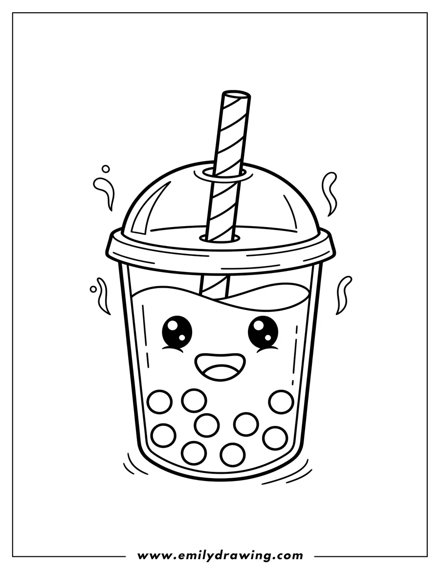 Free printable coloring sheet of happy Cartoon Boba Tea, with a smiling face on the cup, a straw, and boba pearls