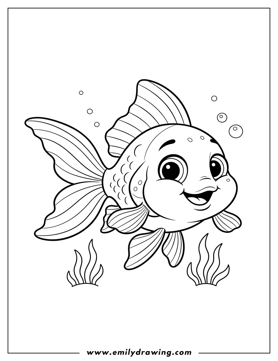 Black and white line art of happy Cartoon Goldfish with big eyes swimming