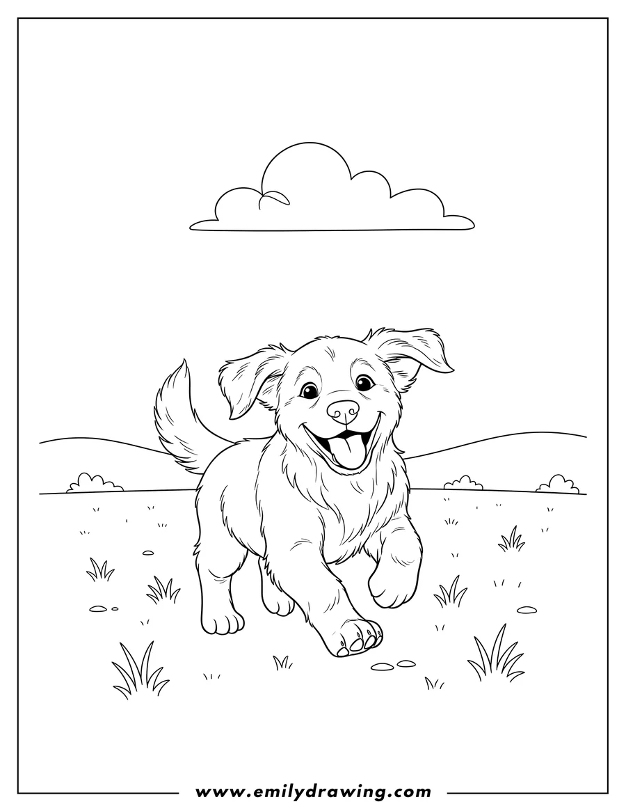 Free printable coloring sheet of happy Golden Retriever Puppy Running with an open mouth and one paw lifted
