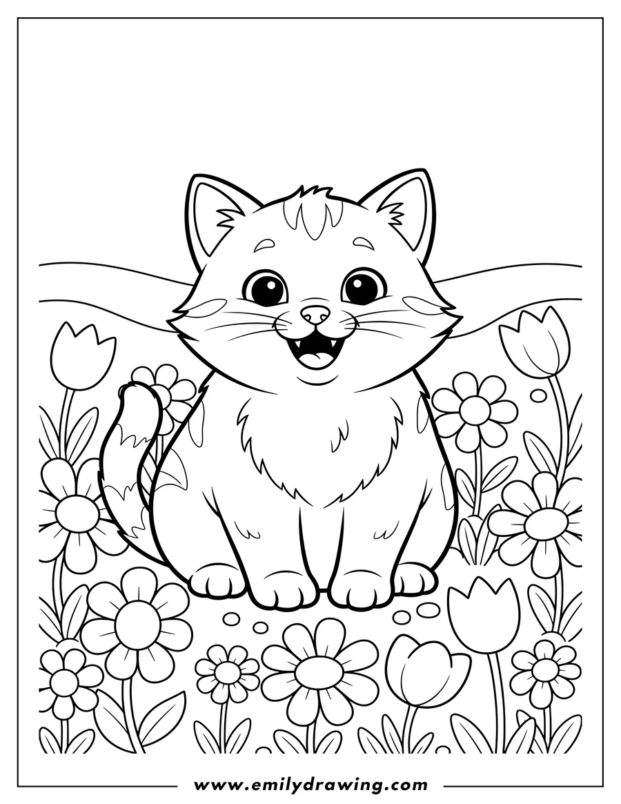 Clean line drawing: happy sitting kitten with an open mouth showing teeth, staring out in a flower field, for preschoolers