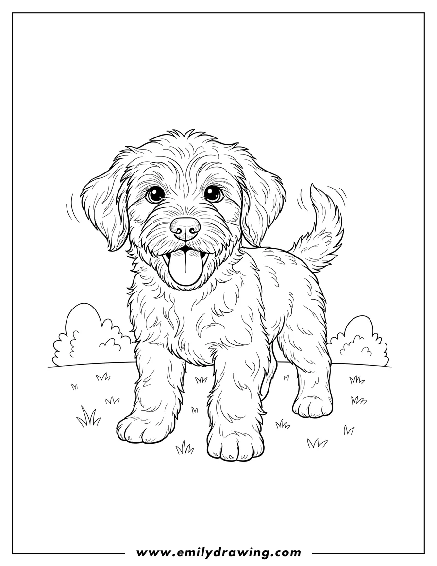 High quality printable happy Labradoodle Puppy Standing With Tongue Out for coloring