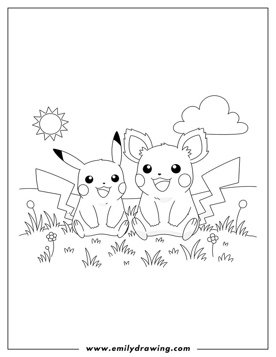 Coloring sheet featuring happy Pikachu and Raichu sitting close together in a grassy field
