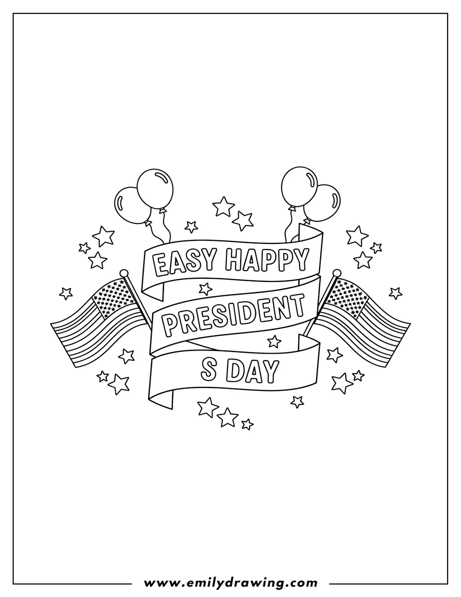 Downloadable coloring page of easy Happy President S Day banner across three ribbons, with three balloons, scattered stars, and two American flags