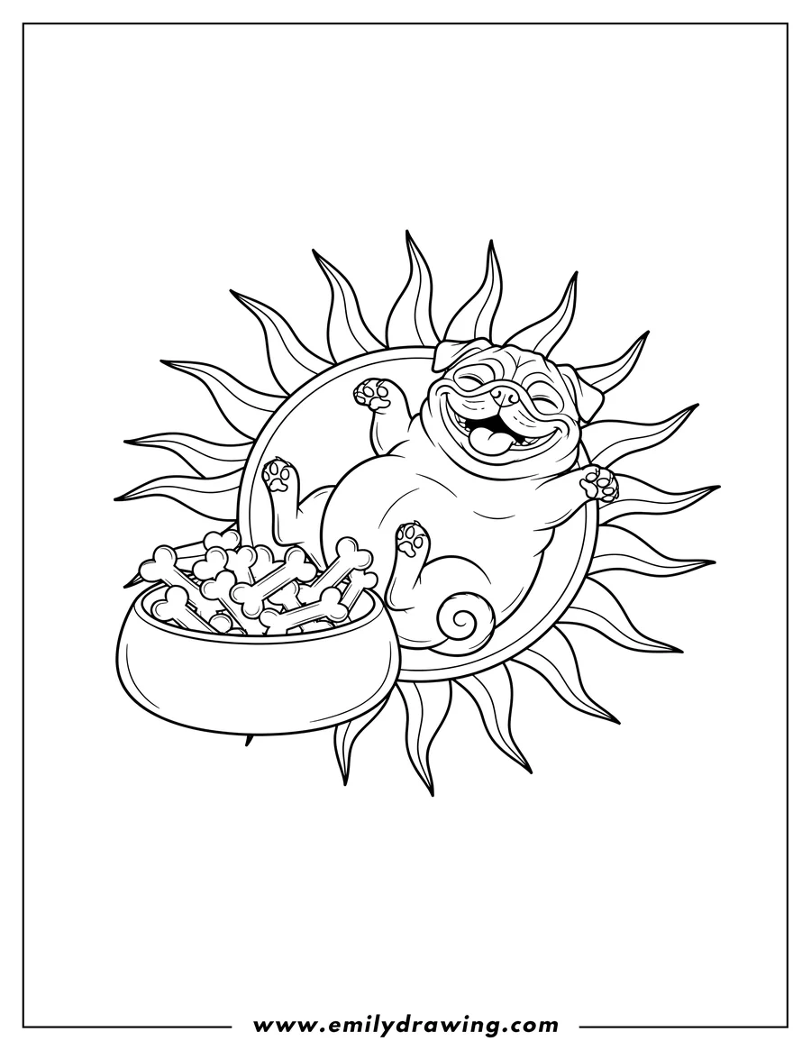 Simple sketch of happy Pug Resting Sun, with a bowl of bones to color