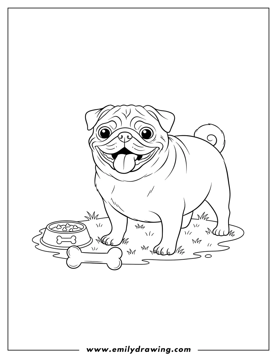 Free printable coloring sheet of adult Pug standing on grass with its mouth open, next to a food bowl and a bone