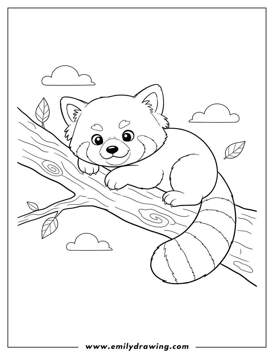 Doodle style coloring picture of happy Red Panda Resting on a Tree Log with a Striped Tail
