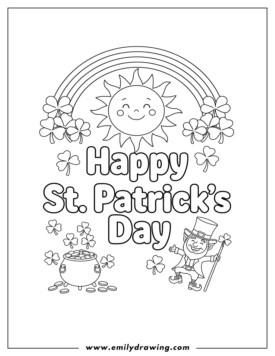 Clean line drawing: happy St Patrick S Day With a Rainbow, Shamrocks at its Ends, and the phrase 'Happy St. Patrick's Day' in Bubble Letters