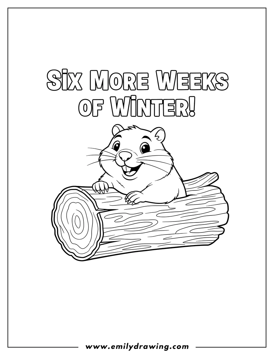 Vector style outline of happy woodchuck peeking out of a log with 'Six More Weeks of Winter!' words above