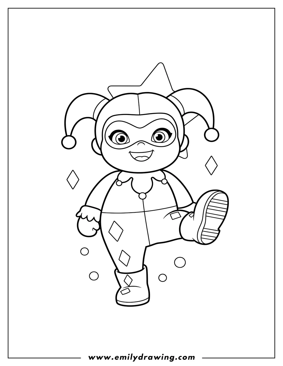Vector style outline of easy Harley Quinn Preschoolers smiling, one leg raised