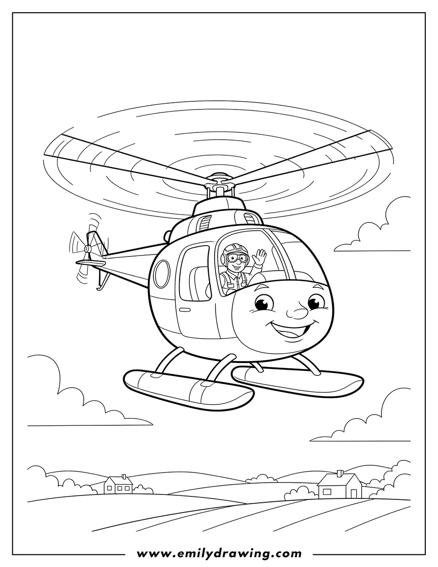 High quality printable harold Helicopter To Color Scaled, flying with a smiling face and a pilot in the cockpit for coloring