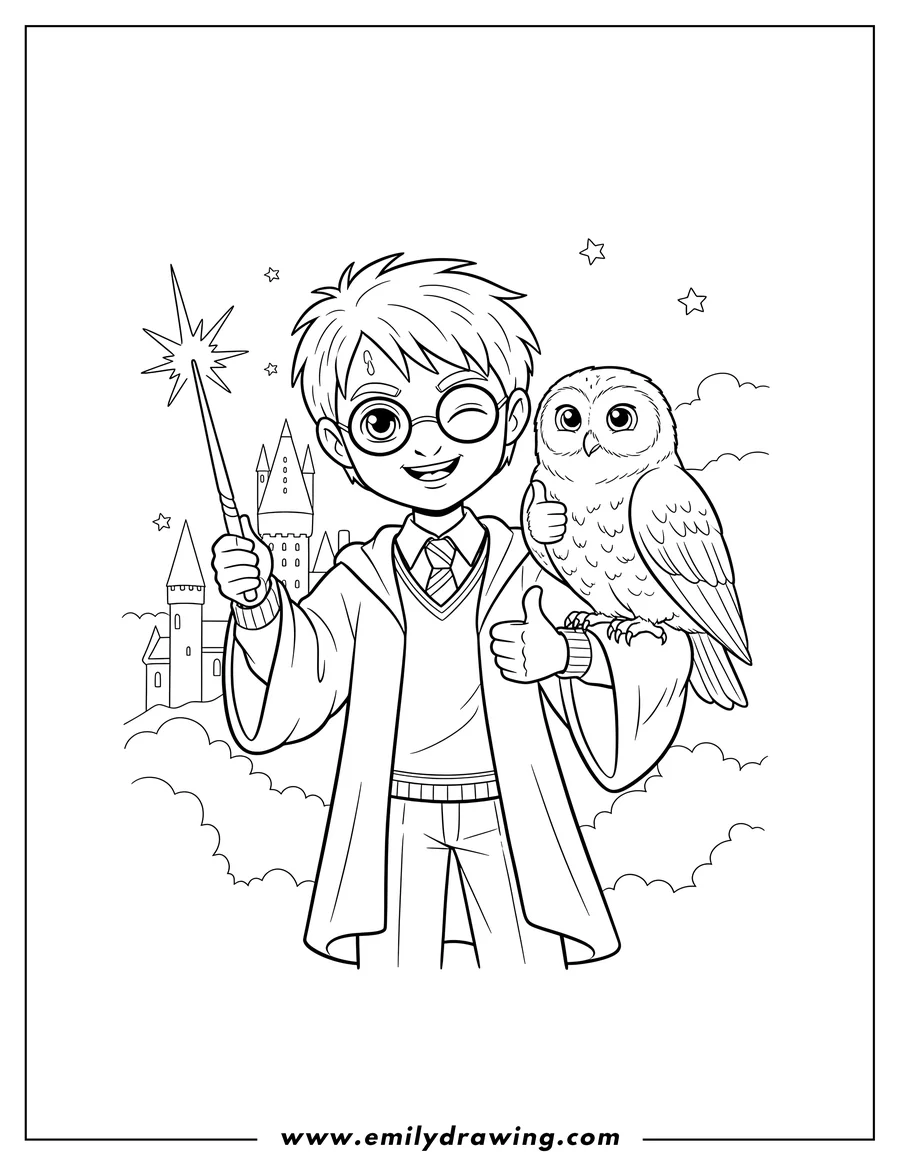 Printable line art of harry Potter holding a magic wand, with Hedwig owl perched on his arm and giving a thumbs-up