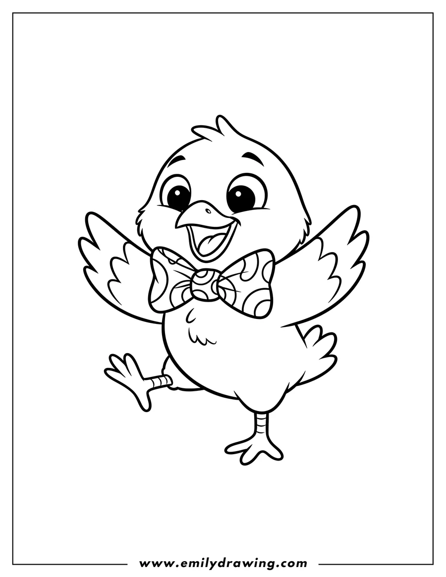 Doodle style coloring picture of harry the dancing chick with a bowtie, wide eyes, and an open mouth