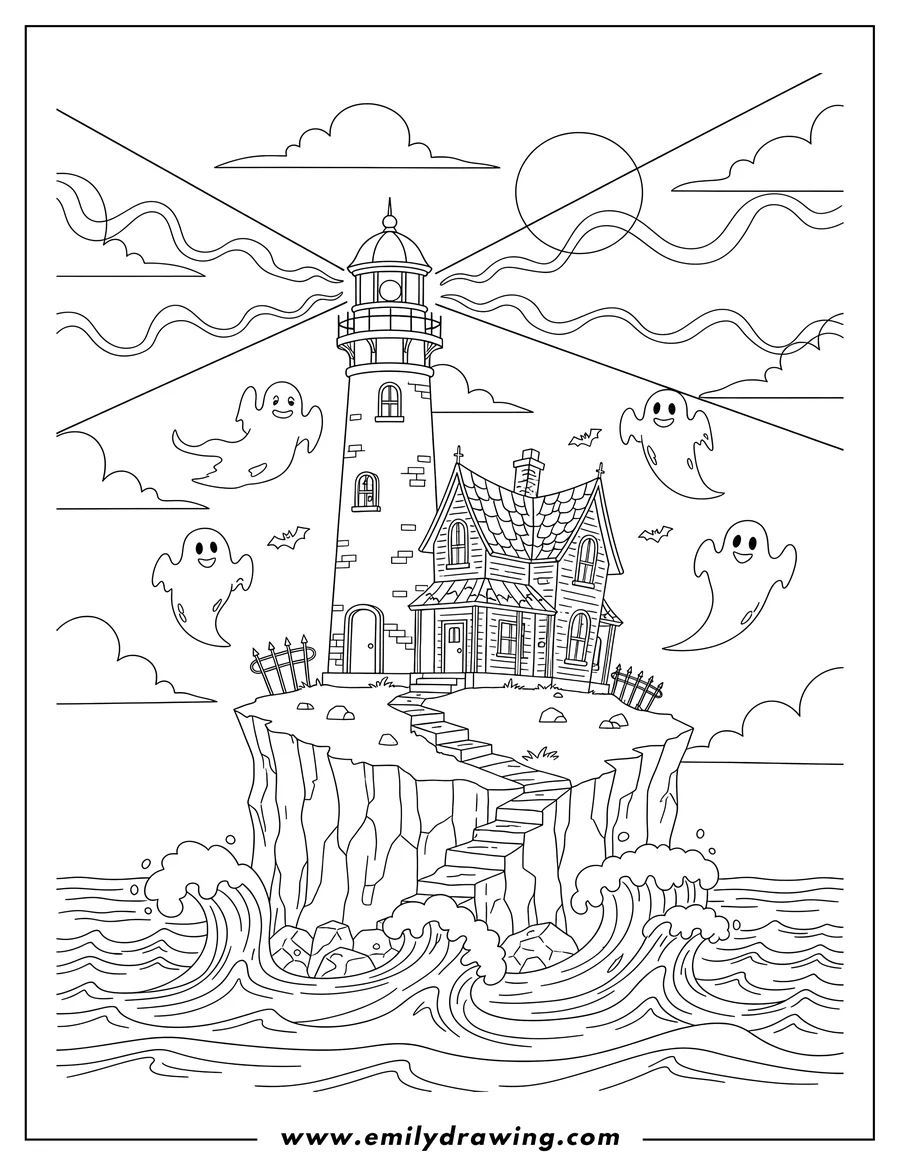 Printable coloring page of haunted Lighthouse and house on a cliff with floating ghosts and light rays