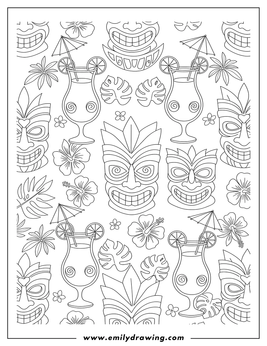Black and white line art of hawaiian Tiki Masks and Tropical Drinks with Umbrellas Pattern