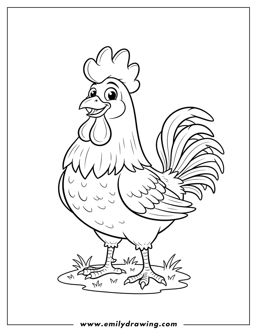 Printable line art of head Farm Rooster standing on grass To Color