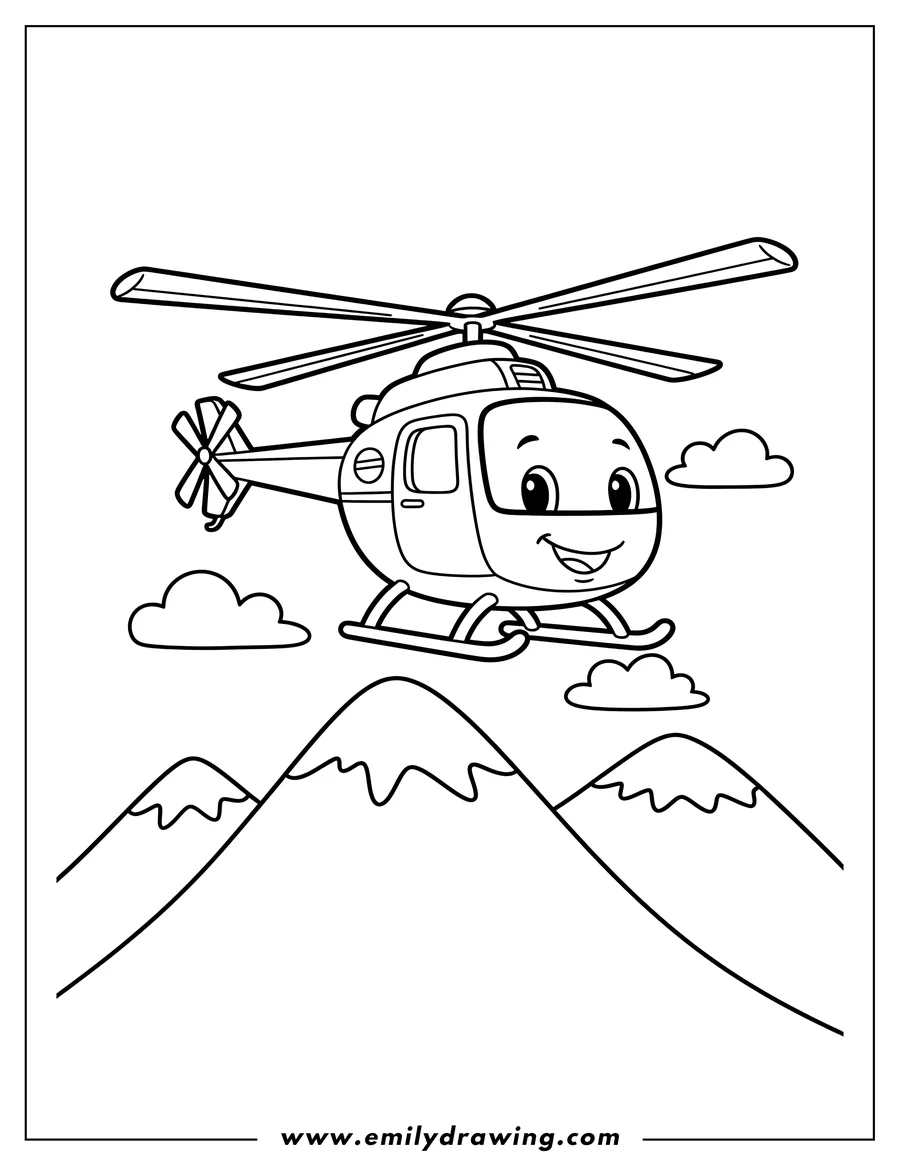 Coloring page of helicopter flying over mountains