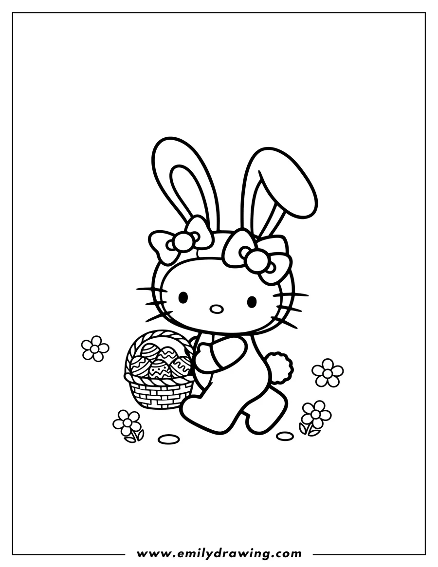 Clean line drawing: easy Hello Kitty dressed as a bunny with a bow, walking with a basket of Easter eggs