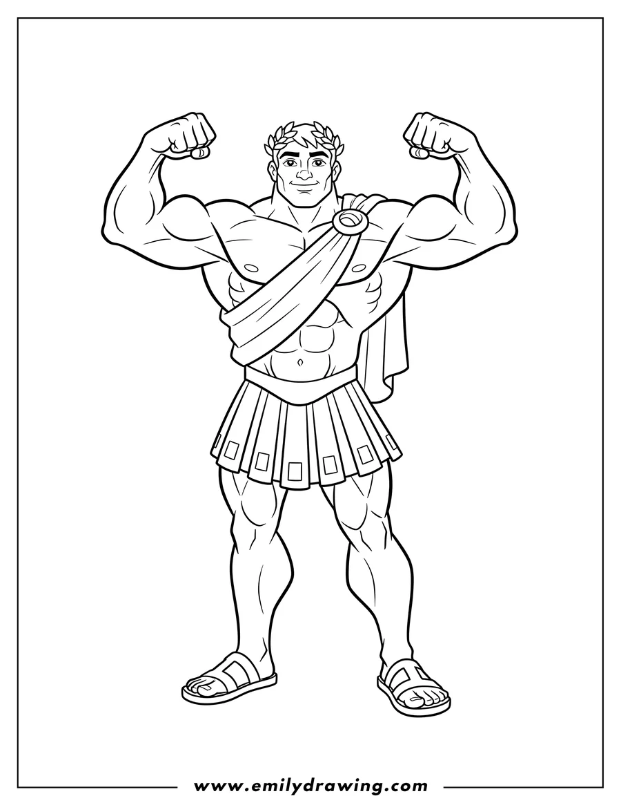 Doodle style coloring picture of hercules Showcasing His Muscles, standing and flexing both arms