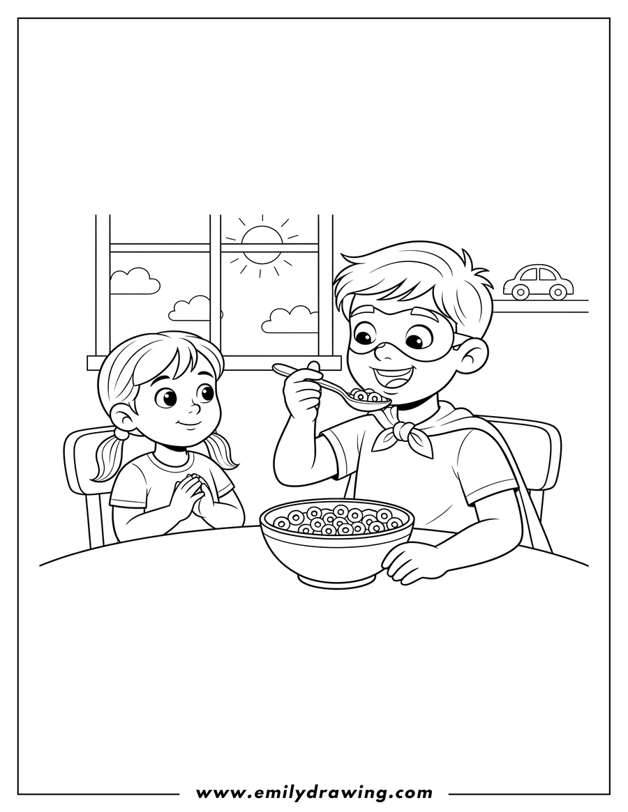 Downloadable coloring page of hero Boy And Sister, boy eating from a bowl with a spoon, sister watches
