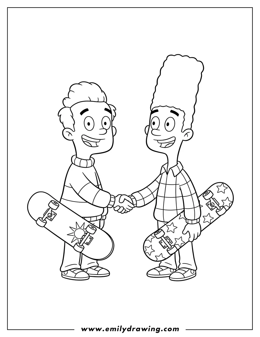 Printable coloring page of hey Arnold and Gerald shaking hands while holding skateboards, Nickelodeon