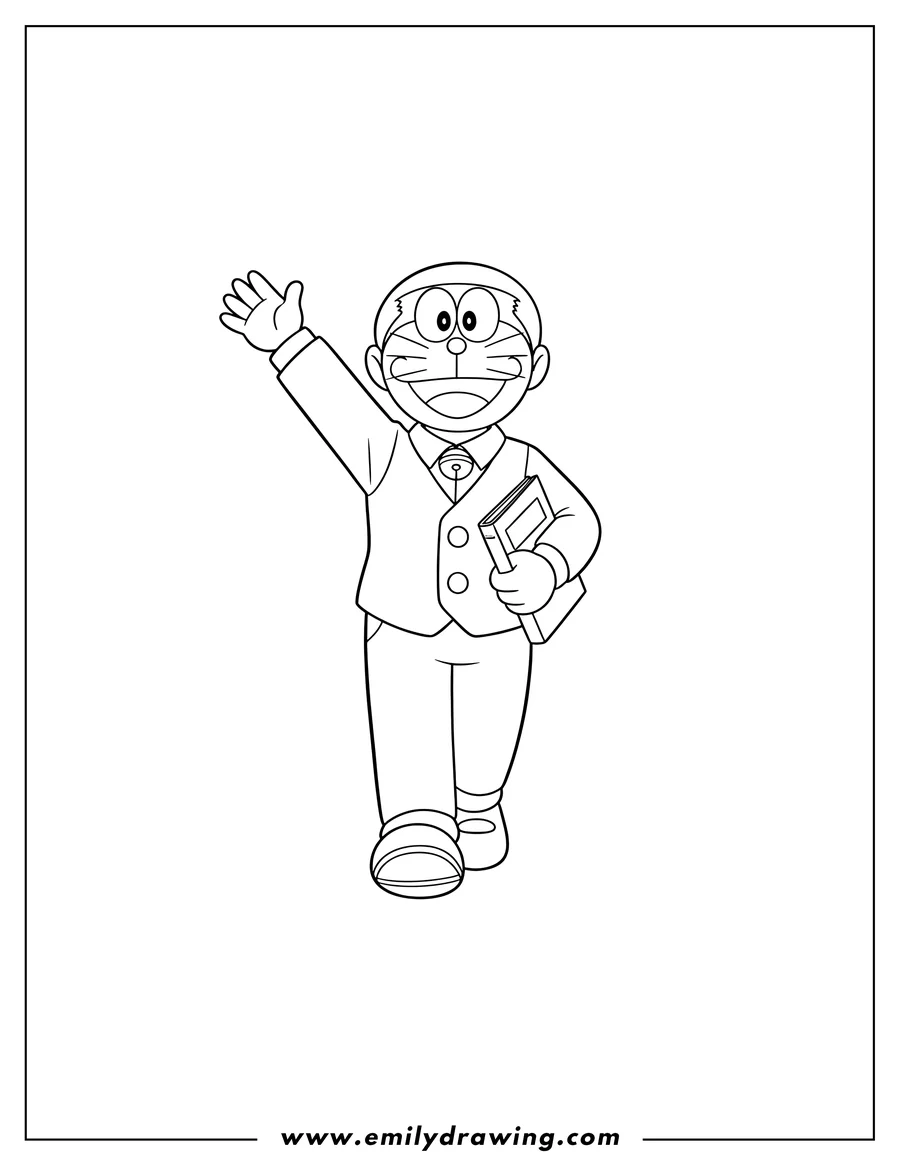 Vector style outline of easy Hidetoshi Dekisugi walking, smiling, and gesturing