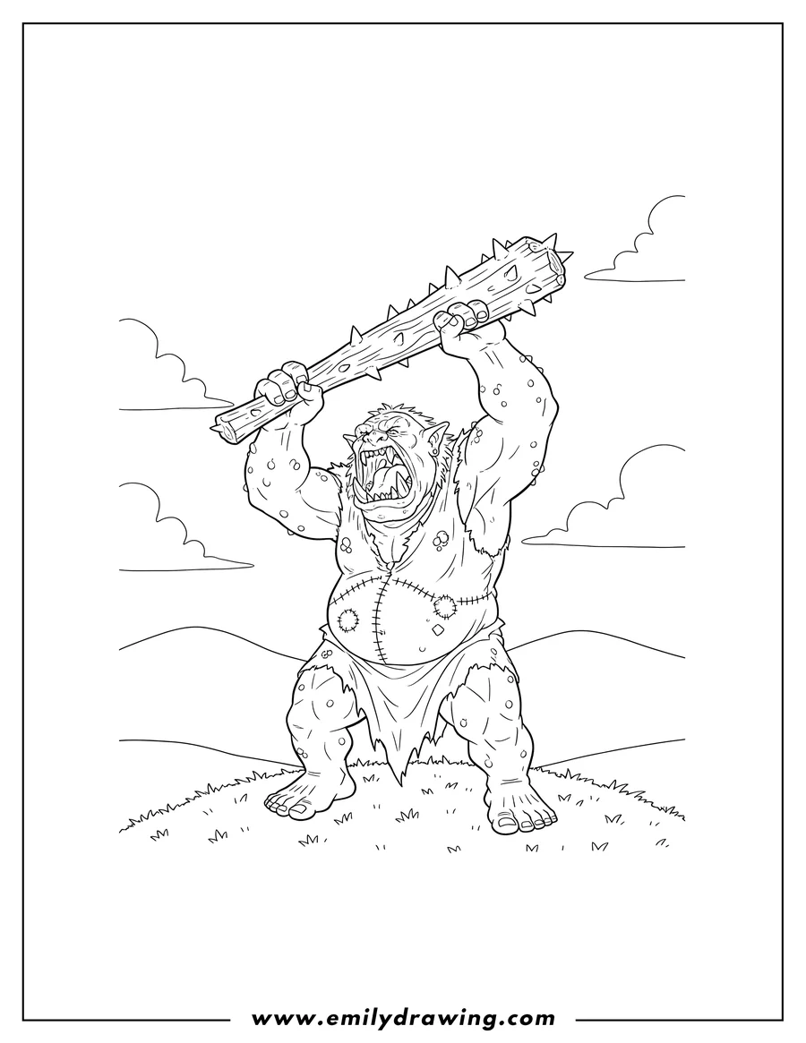 High quality printable dungeons And Dragons Hill Ogre roaring and holding a club for coloring