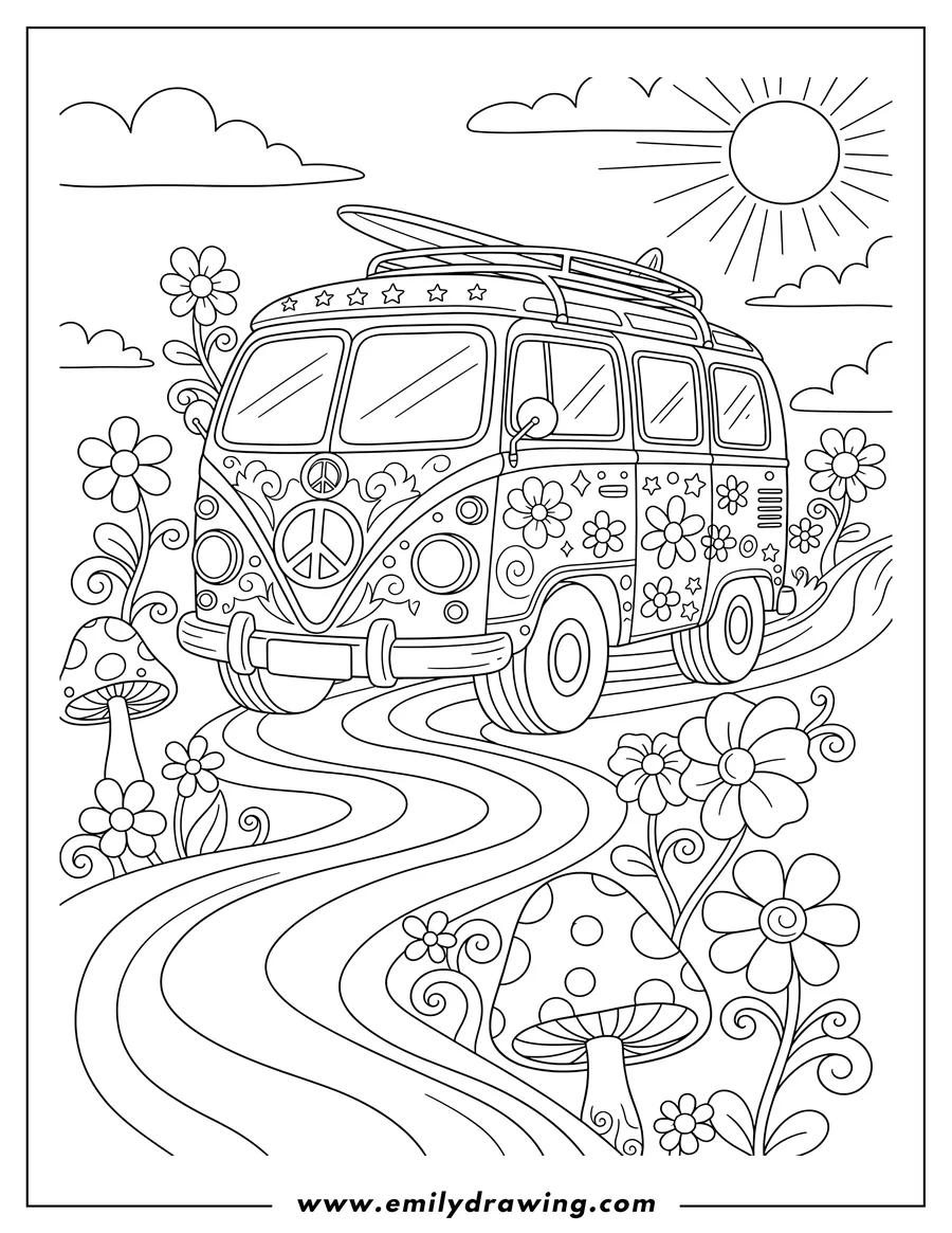 Coloring page of hippie Bus with a peace sign on the front, on a wavy road, surrounded by flowers and mushrooms