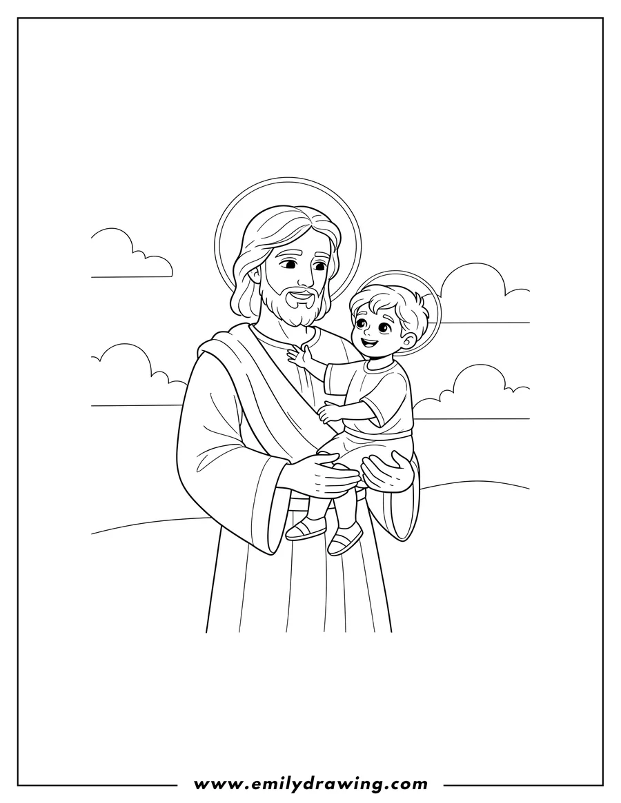 Clean line drawing: holy Jesus with a halo carrying a smiling little boy who also has a halo and is looking up at Jesus