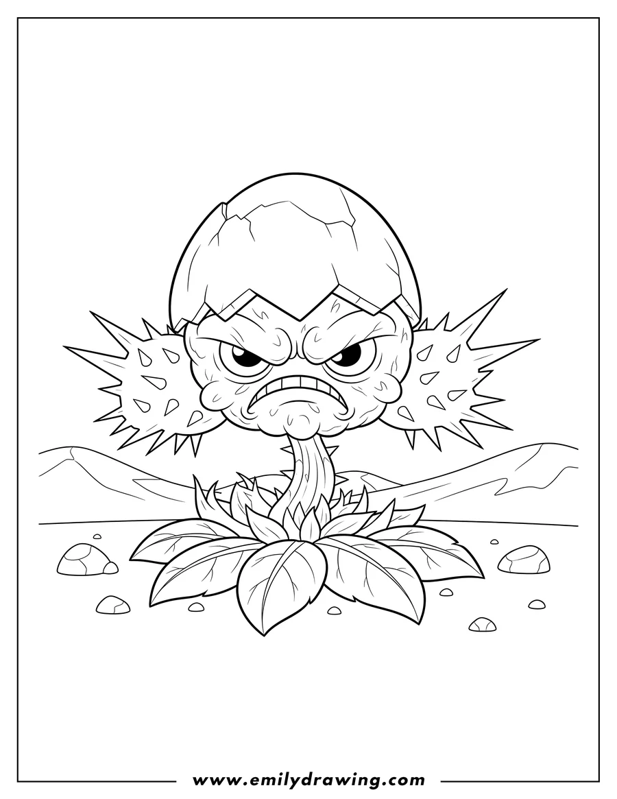 Clean line drawing: homing Thistle To Color, an angry plant with an eggshell on its head