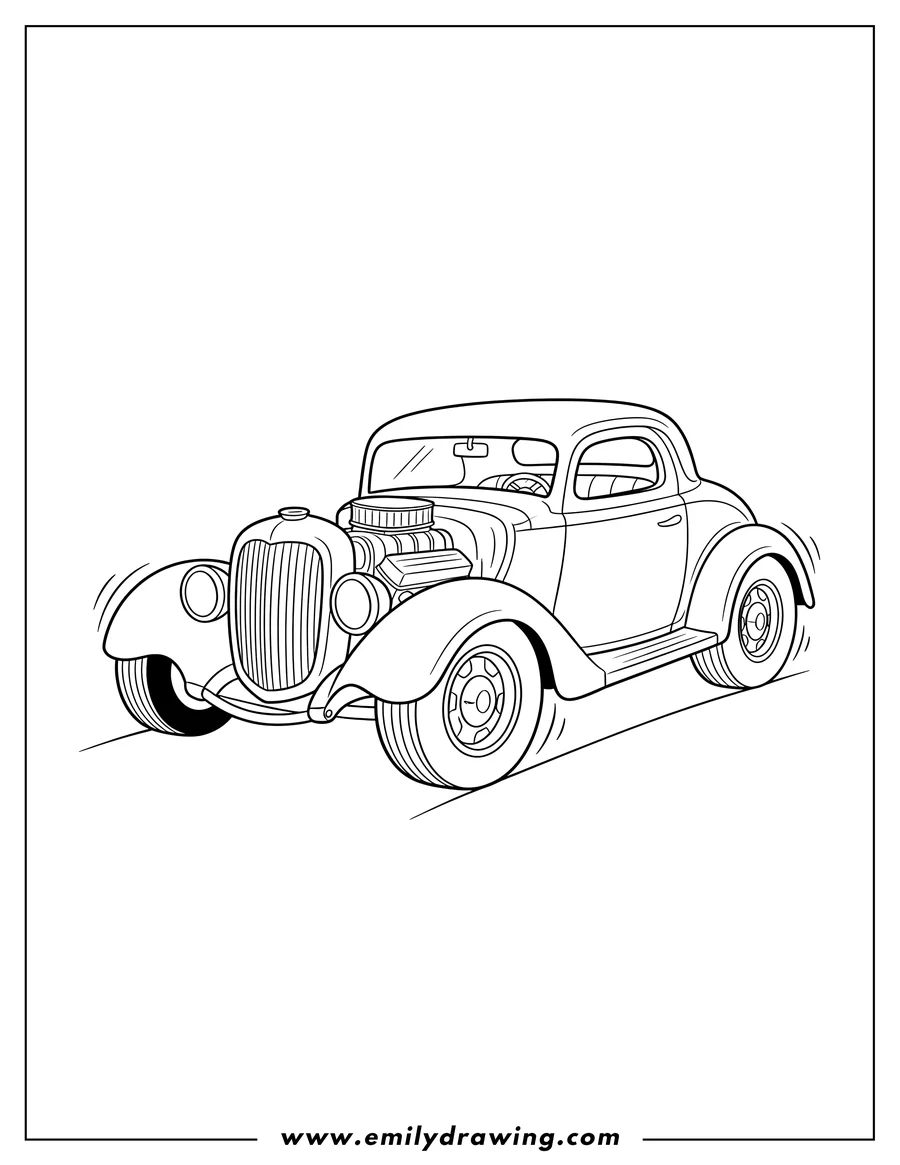 Full page coloring image of easy Hot Rod, classic coupe, large grille, and spoked wheels
