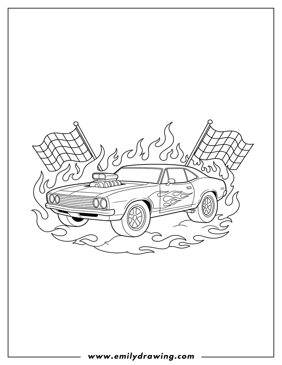 Doodle style coloring picture of hot Wheels Classic Car, surrounded by flames, with checkered flags