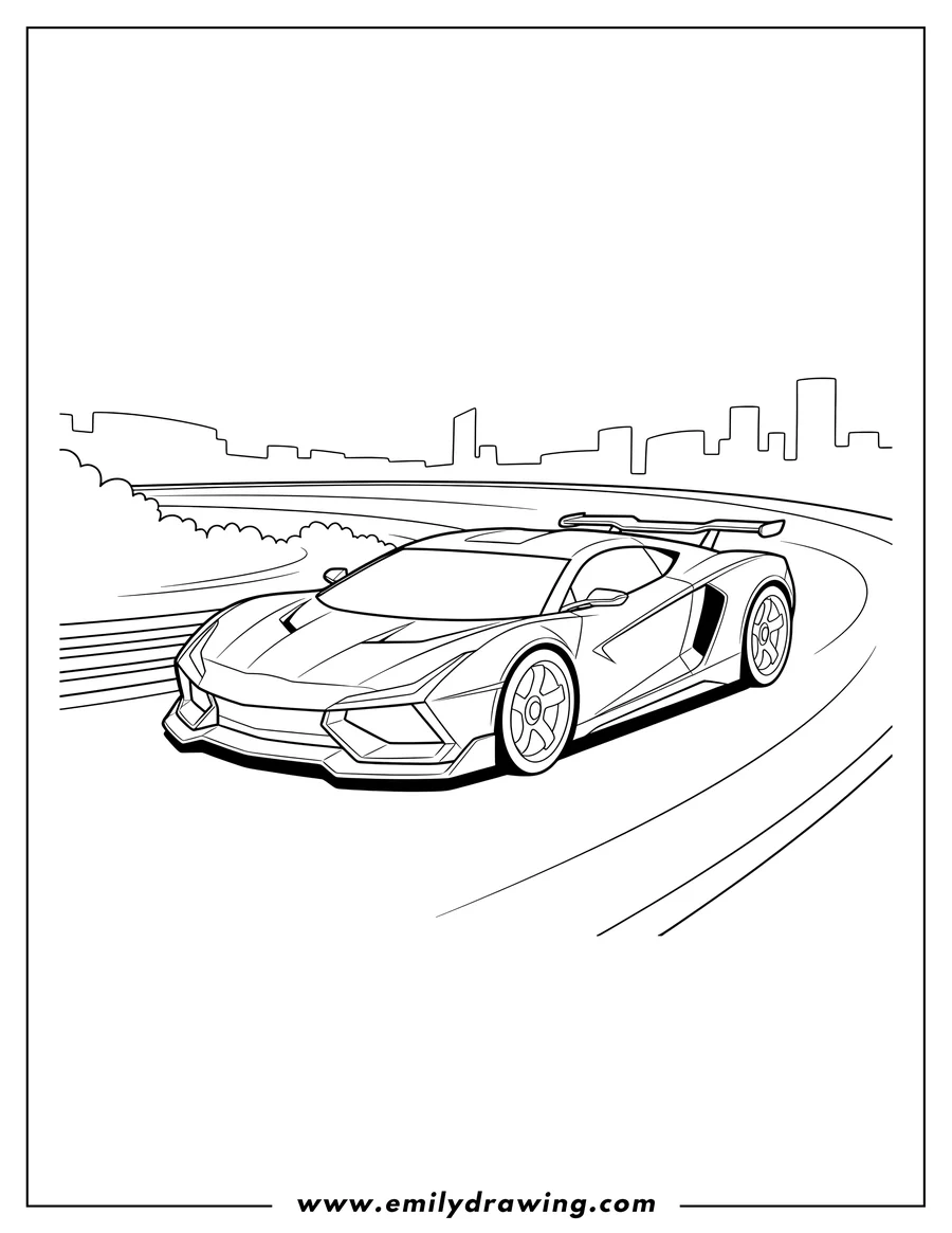 Vector style outline of easy Hot Wheels supercar turning on a race track