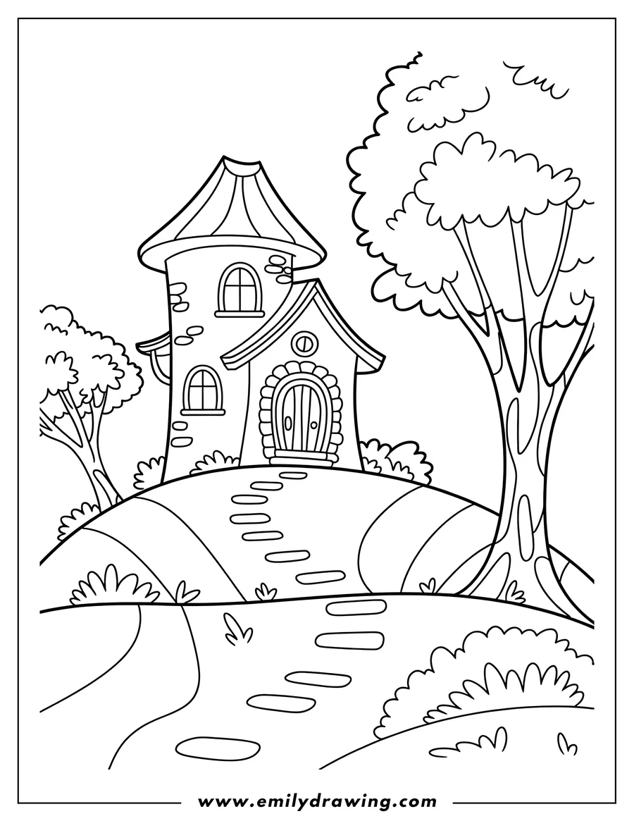Coloring sheet featuring house