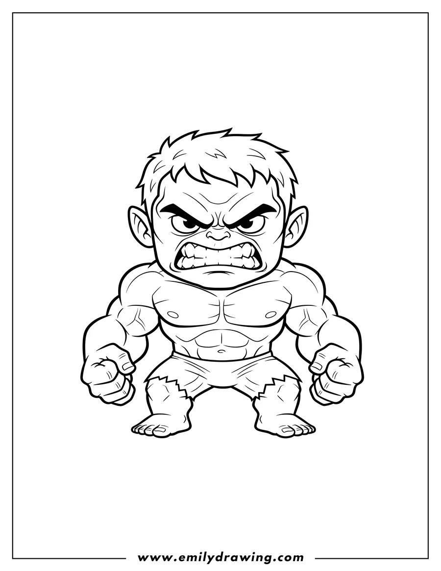 Black and white line art of easy Hulk Scaled, an angry chibi