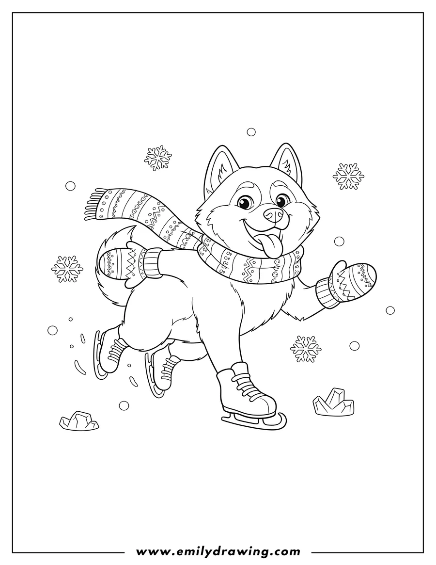 Linear illustration of husky With Mitts And Scarf Ice Skating Winter, smiling with tongue out and actively skating