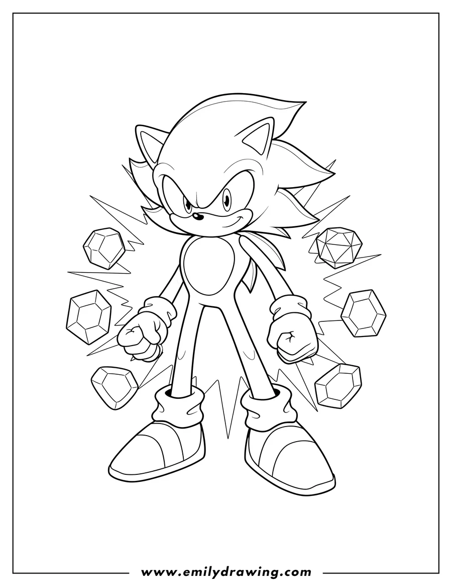 Downloadable coloring page of easy Hyper Sonic standing with a determined expression, Middle Chaos Emeralds