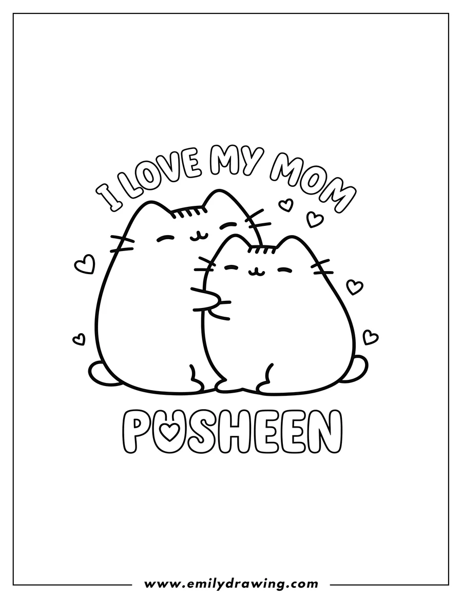 Linear illustration of I Love My Mom Pusheen Scaled, featuring two hugging Pusheen cats and I love my mom text