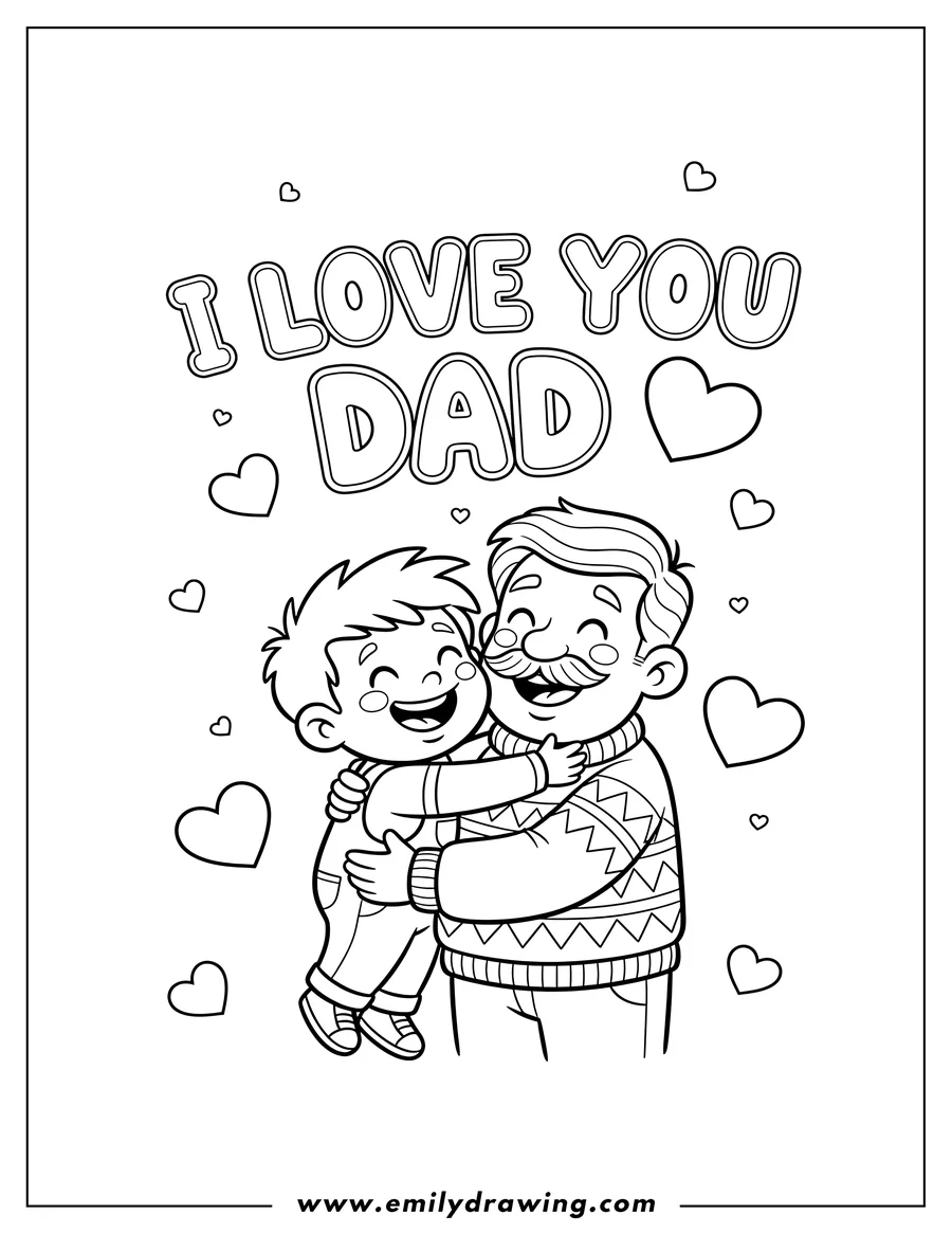 Linear illustration of I Love You Dad coloring page with outlined text and hearts