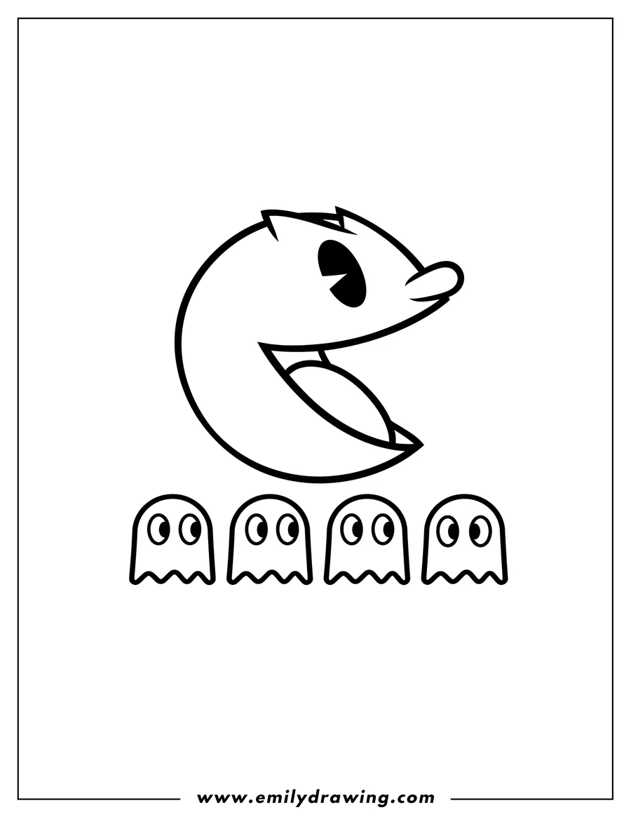 Printable coloring page of iconic Pac Man with open mouth and four Ghosts below him Outline Preschoolers