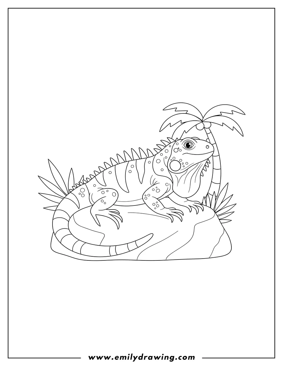 Downloadable coloring page of easy Iguana Outline, resting with spikes and stripes