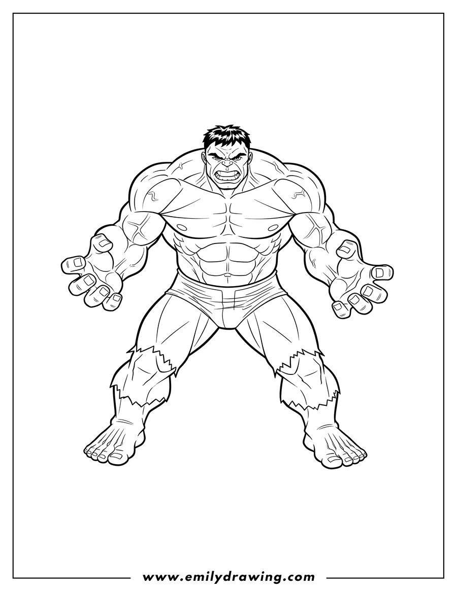 Simple sketch of incredible Hulk Ready Battle Scaled, standing in a wide stance with open hands to color