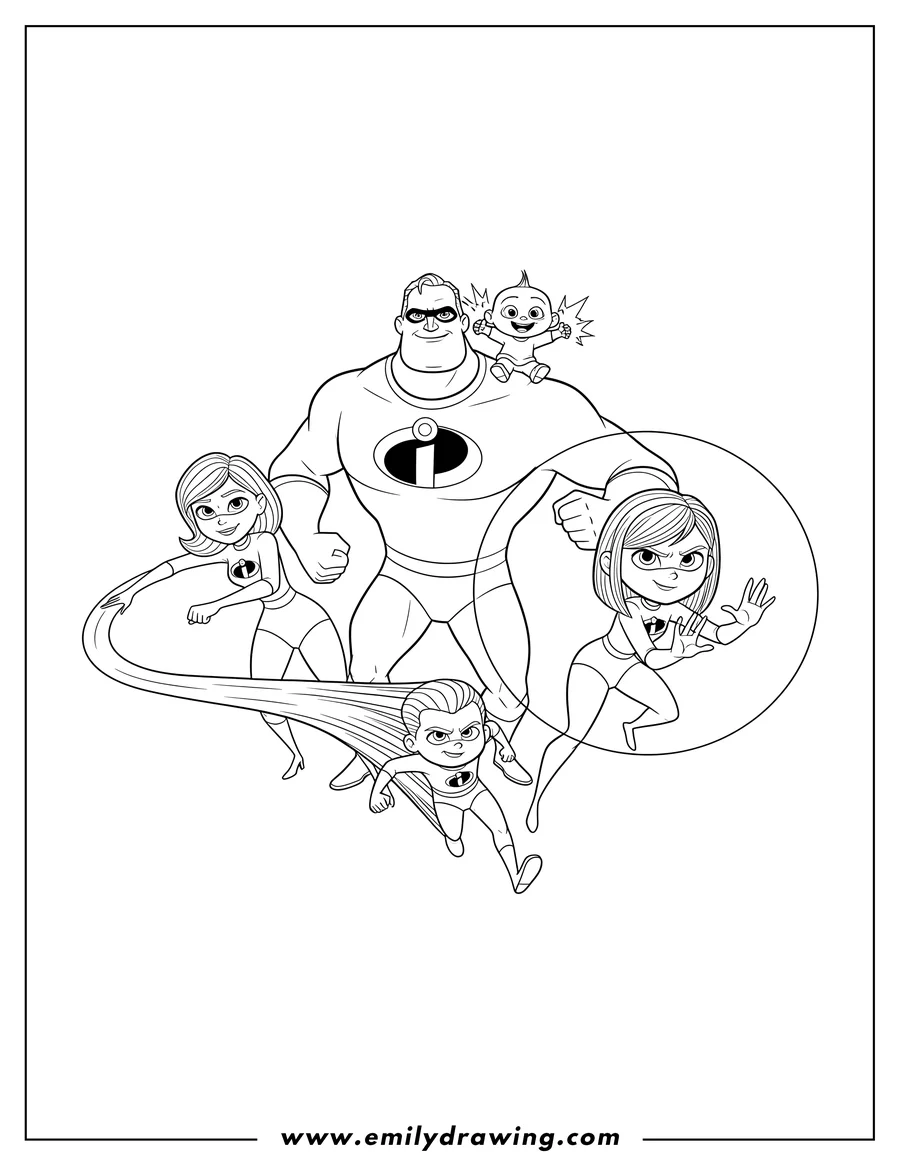Printable coloring page of easy Incredibles family in action with Jack-Jack on Mr. Incredible's shoulder
