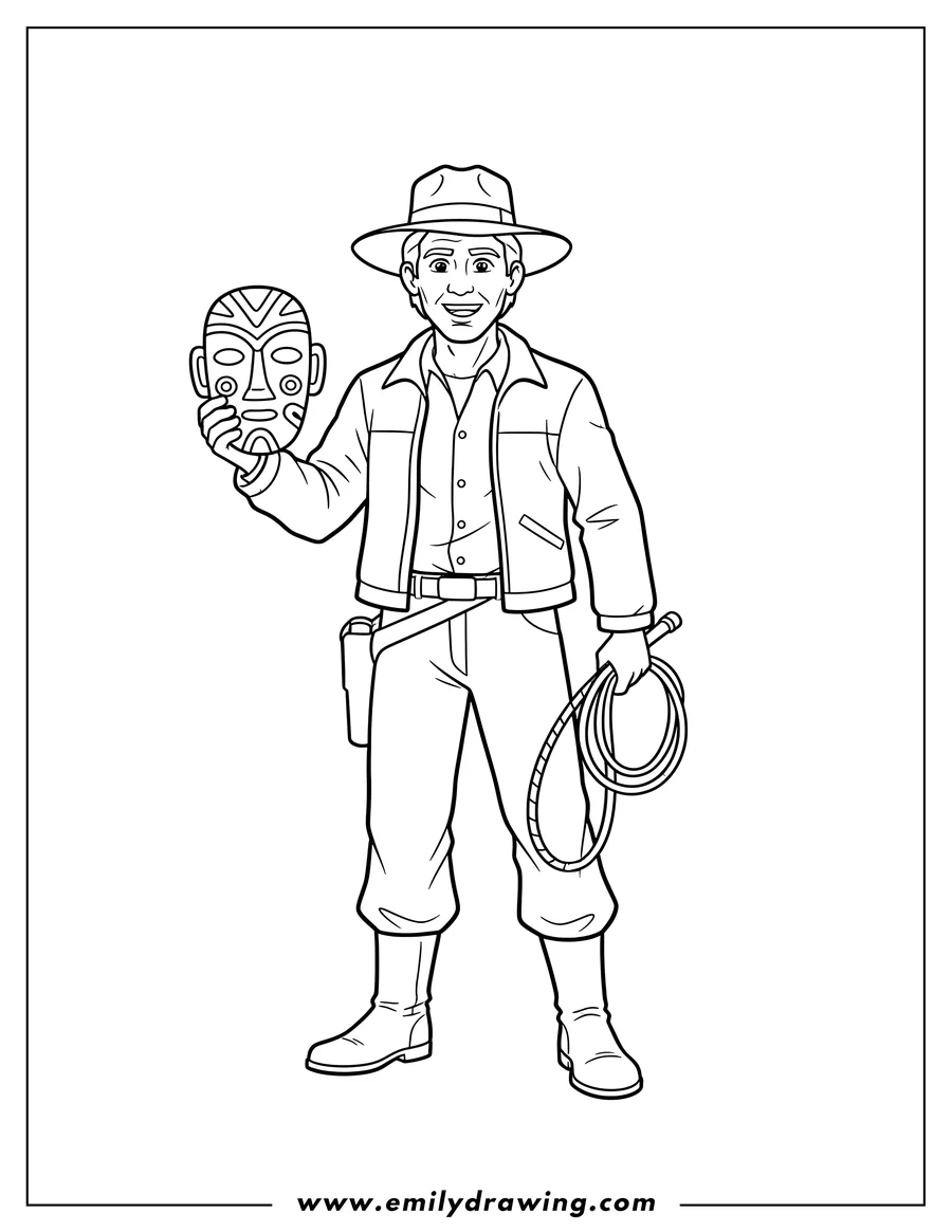 Coloring page for kids: easy Indiana Jones Outline with Hat, Holding a Mask and Whip