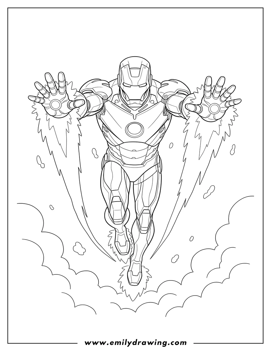 Coloring sheet featuring iron Man Superhero flying and blasting