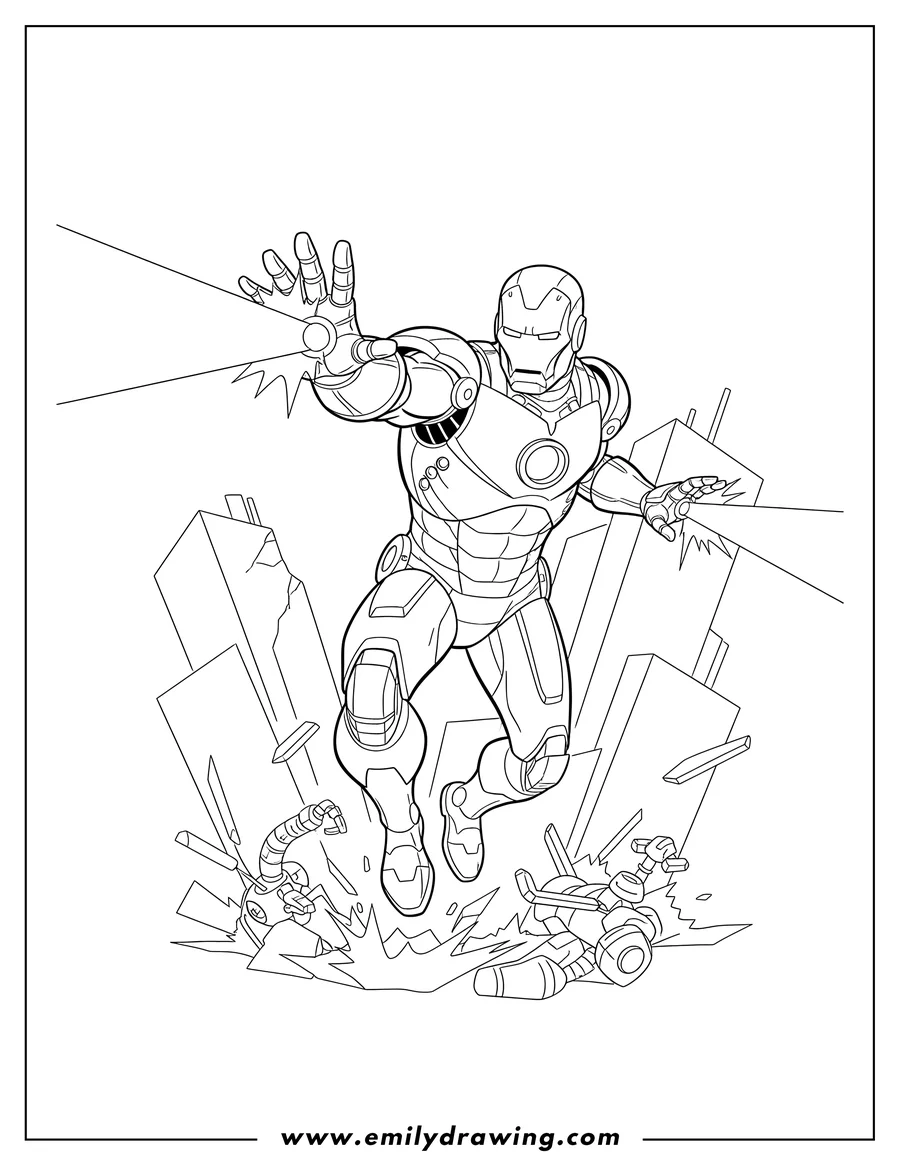 Outline drawing of iron Man Middle Fight, reaching out with repulsor